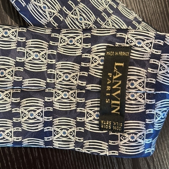 Lanvin Paris Silk Patterned Tie Navy Blue Silver - Picture 5 of 9